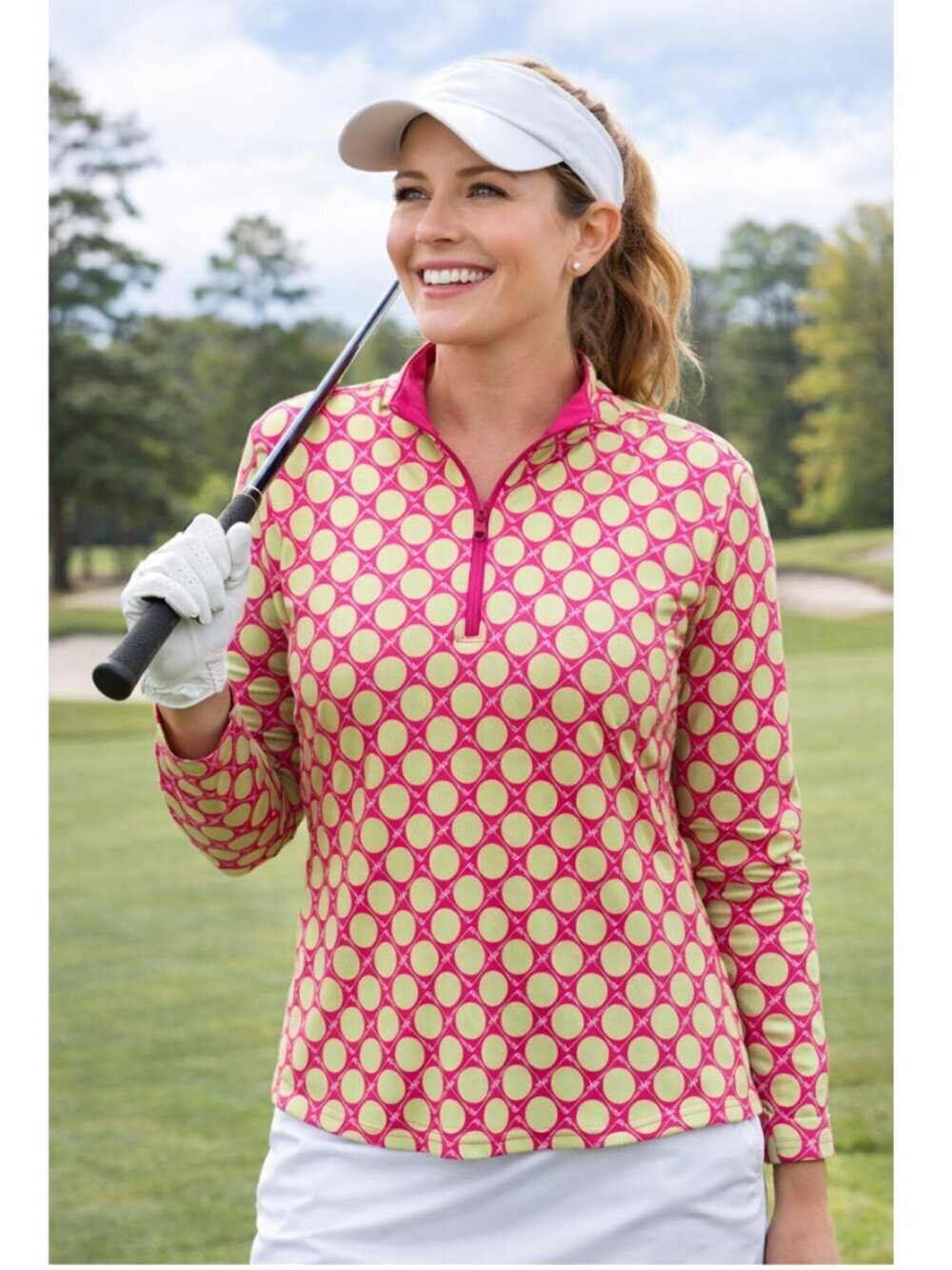 SanSoleil Golf Print Top Shirt Pink Pullover Quarter Zip Small